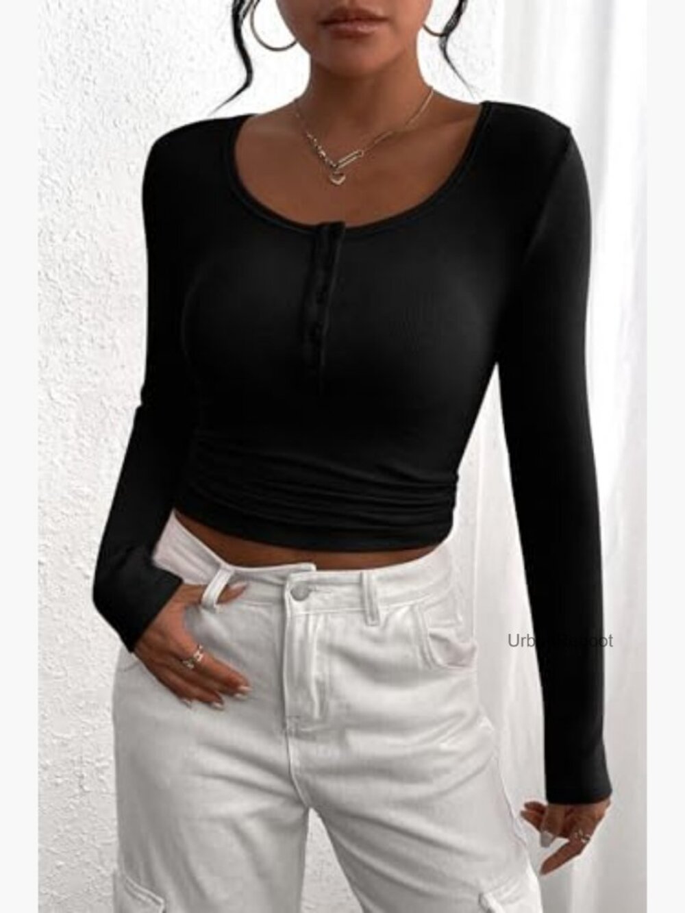 Long Sleeve Henley T Shirt Button Ribbed Knit Slim Fit Basic Top Blouse Casual - Picture 4 of 6